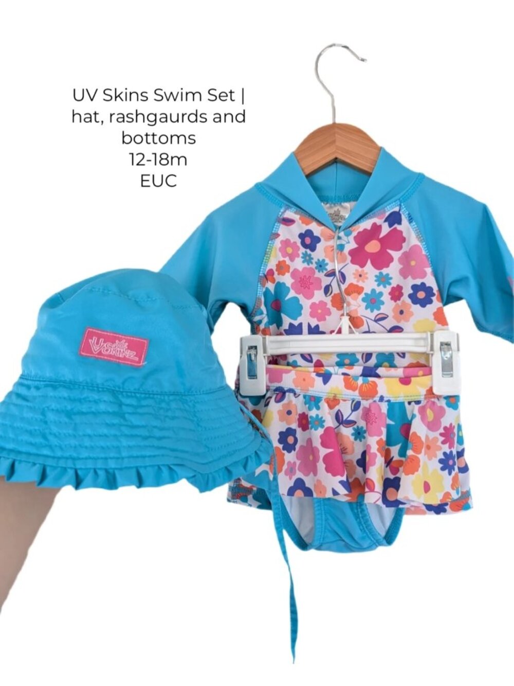 UV Skins Toddler Girl Swim Set | hat, rashgaurd top and swim bottoms 12-18m